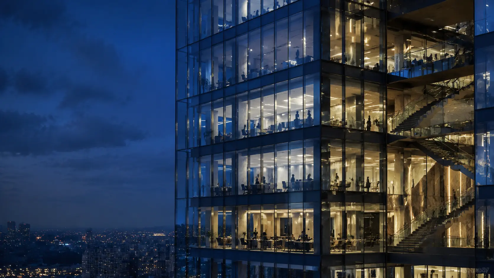 Illustrative modern office architecture at blue hour