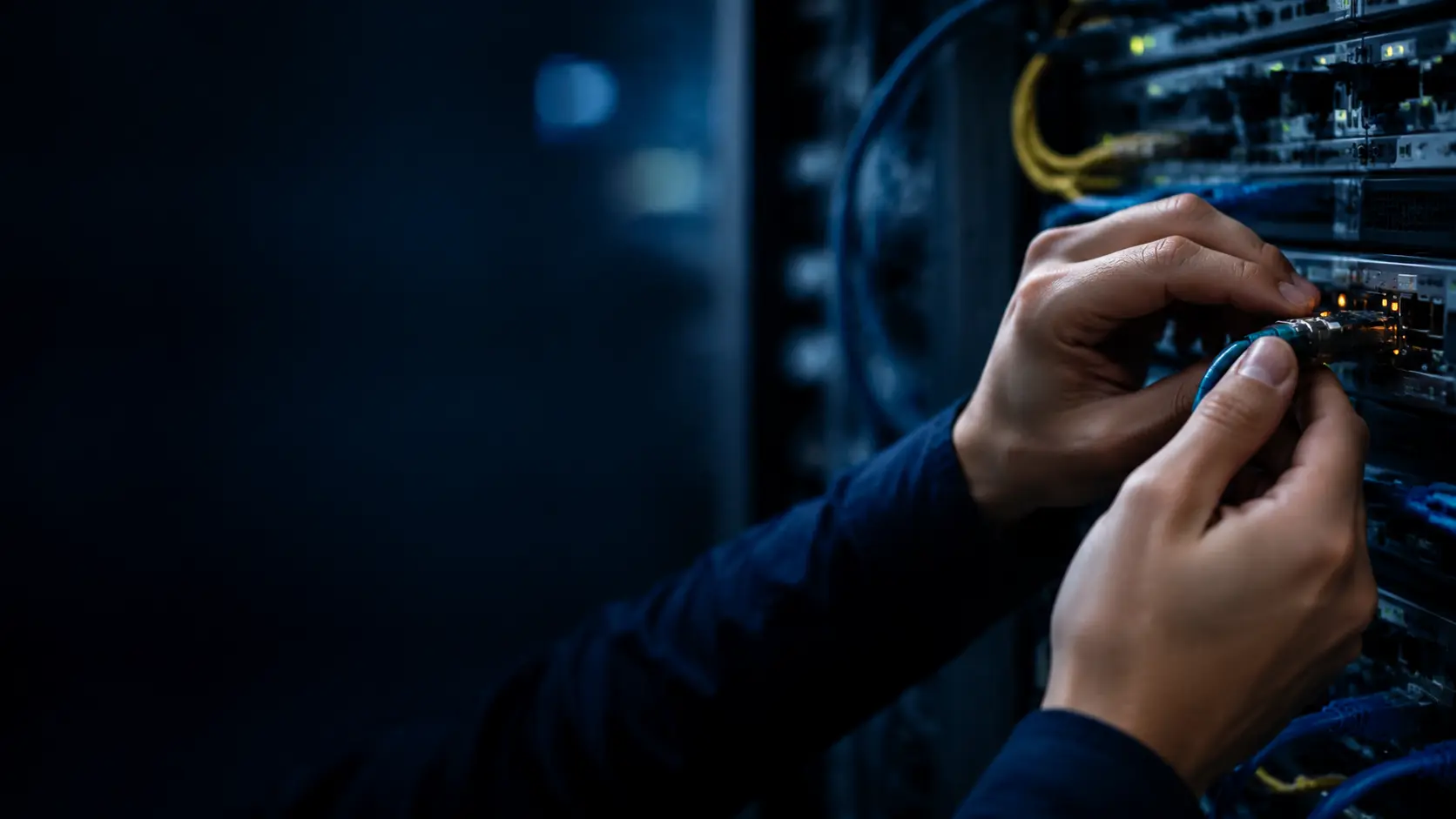 Illustrative close-up of a network engineer connecting server hardware