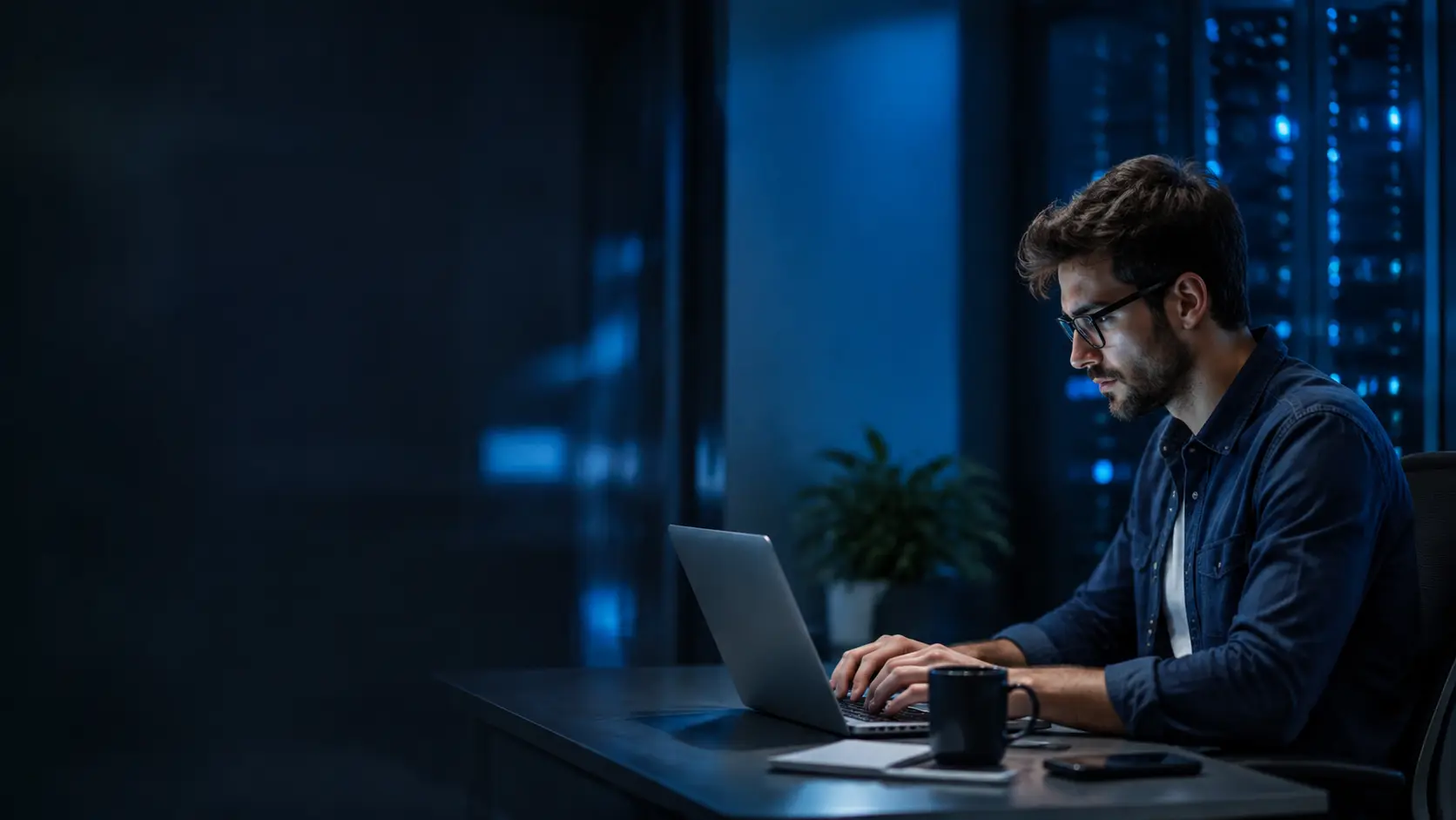 Illustrative developer working in a contemporary technical studio