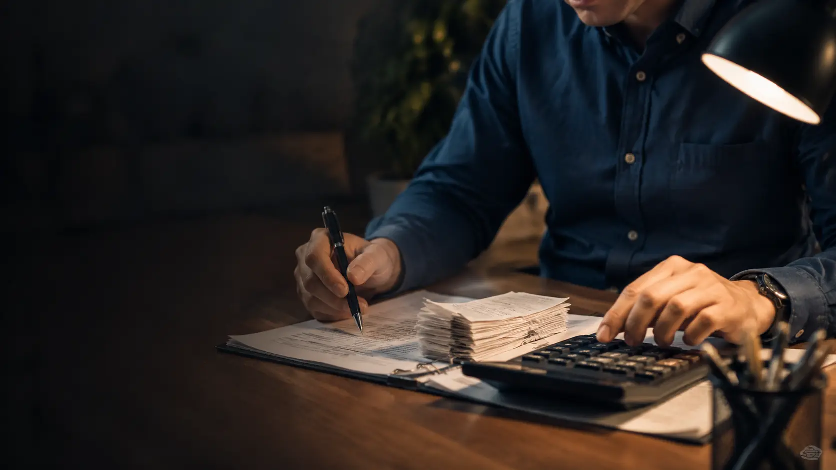 Illustrative finance specialist reviewing receipts with a calculator