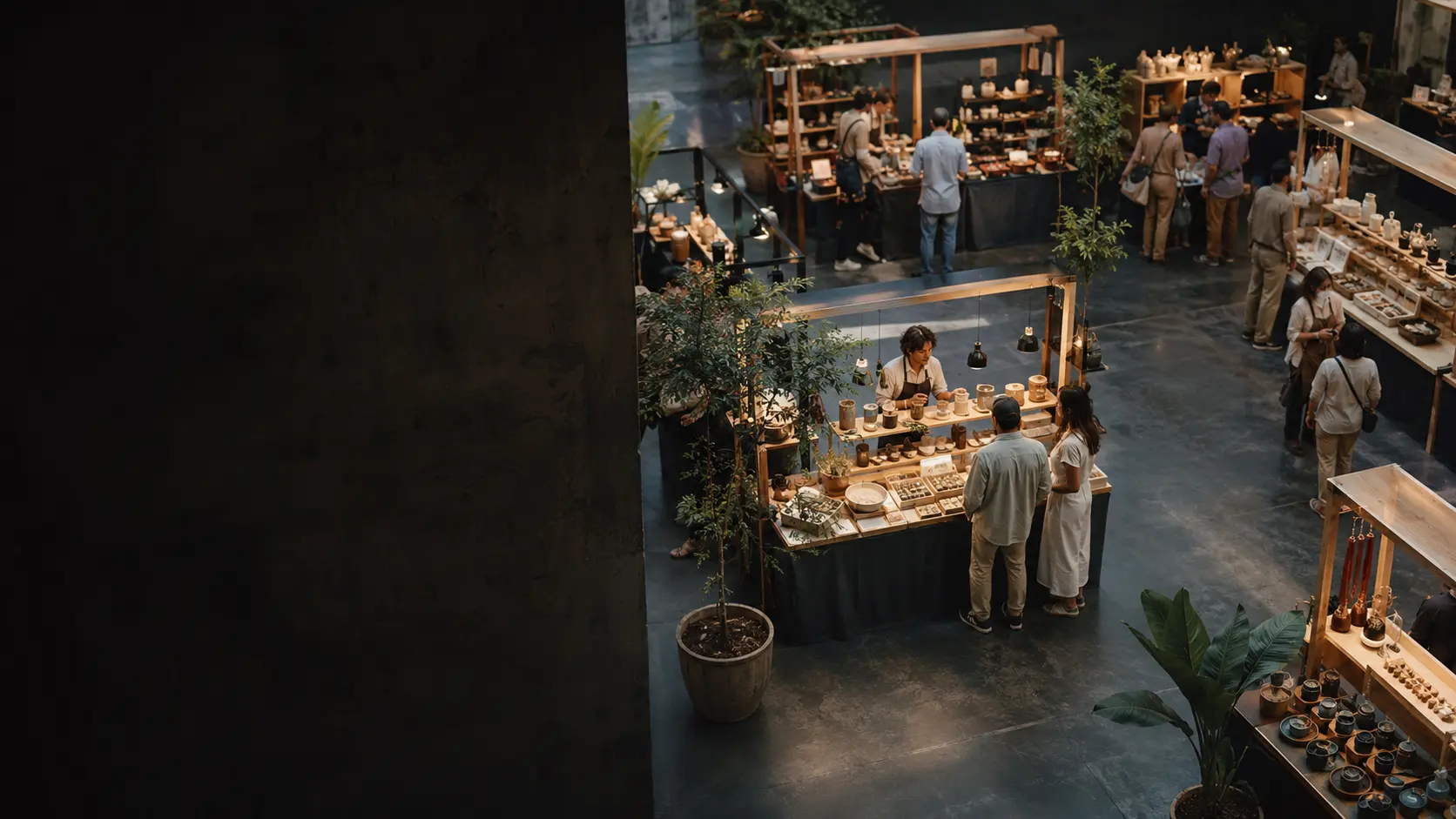 Illustrative artisan marketplace with multiple merchant booths