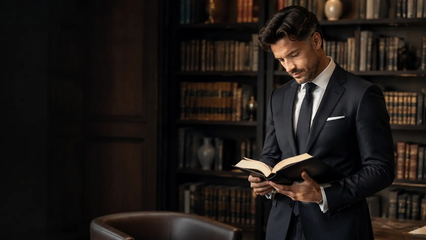 Illustrative professional reading in a business library
