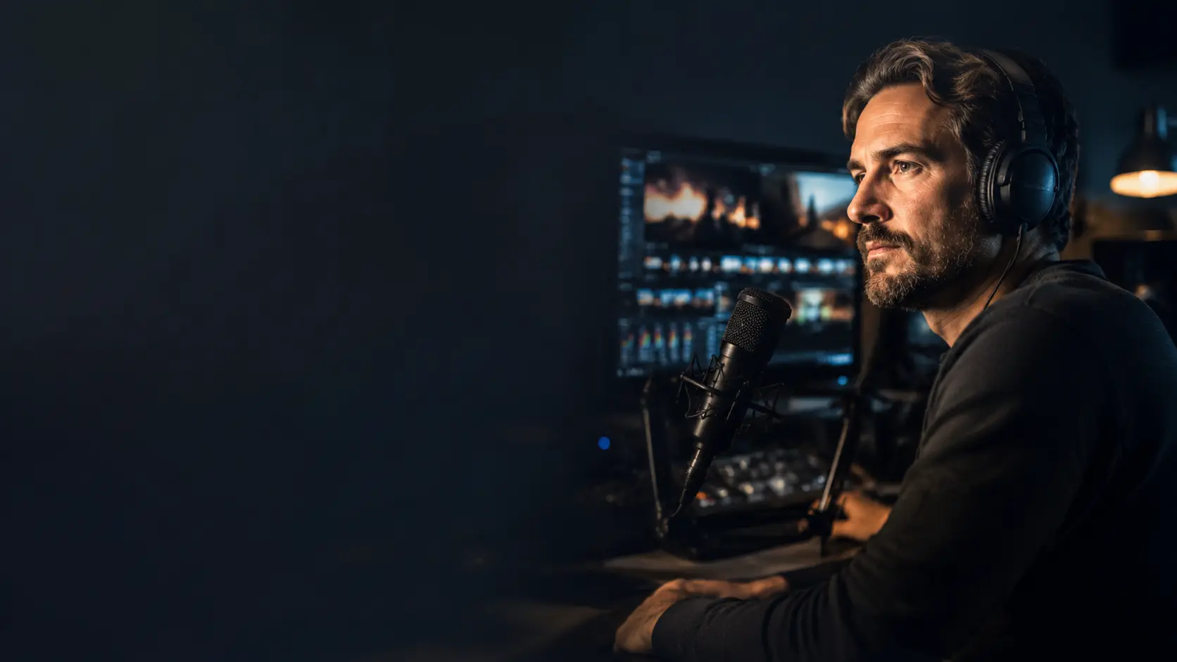 Illustrative digital content creator at a production workstation